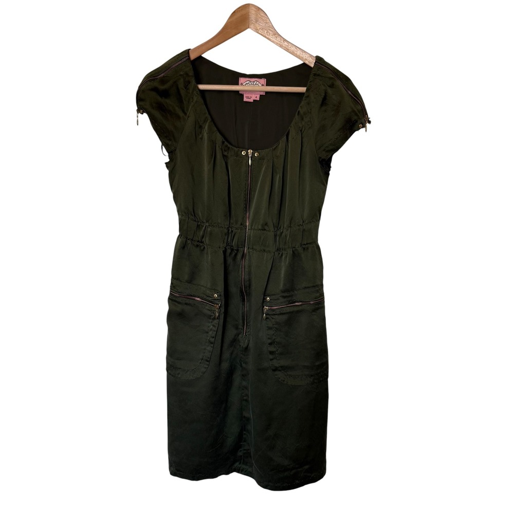 Phoebe Couture Silk Utility Mini Dress Women 4 Olive Green Excellent Zip Front